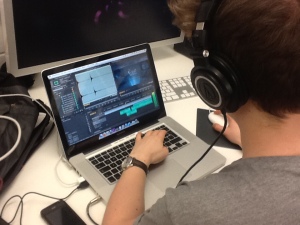 Sam is placing my sounds onto the timeline for his ident.
